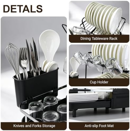 Expandable Dish Rack for Kitchen Counter, 2-Tier Dish Racks, Detachable Large Capacity Dish Drainer Organizer with Auto Drain, Stainless Steel Dish Drainer with Cup & Utensil Holders