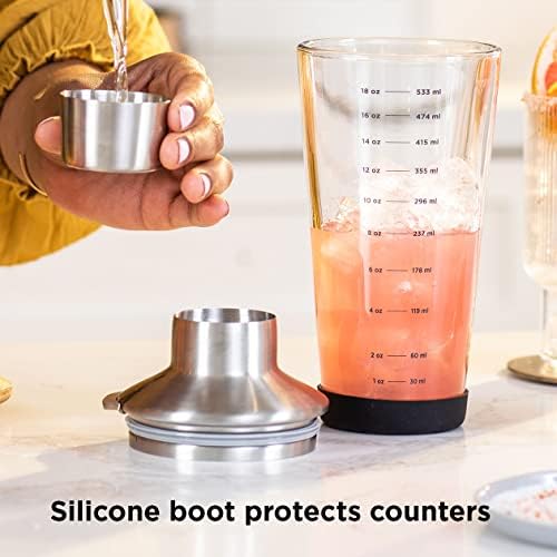18 oz Glass Cocktail Shaker with Printed Measurements, Multi-Use Stainless Steel Topper with 1.5 oz Jigger Cap and Strainer, 3.94 x 3.54 x 9.06 IN