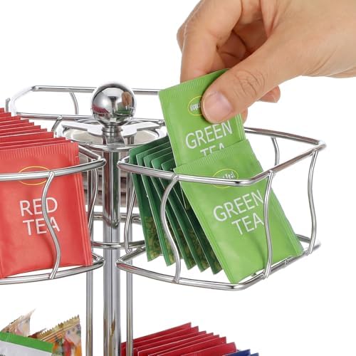 Tea Bag Organizer, 360 Degree 2 Tier Tea Bag Spining Carousel Organizer with 6 Compartments for Countertop Kitchen Cabinet, Holds Up to 60 Bags