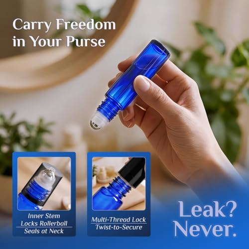 PrettyCare 60 Pack, Bulk 10 ml Essential Oil Roller Bottles with Stainless Steel Roller Ball - Bulk Refillable Leak-proof Empty Thick Blue Glass Roll on Bottles with Black Caps for Travel, Perfume - Image 6