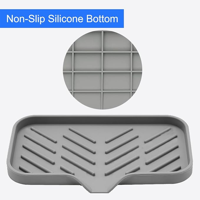 Large Sponge Holder for Kitchen, Silicone Tray with Drain Spout for Dispenser, Scrubber, Bottle, Soap Holder for Shower Bathroom (Grey, 9.8" x 4.9")