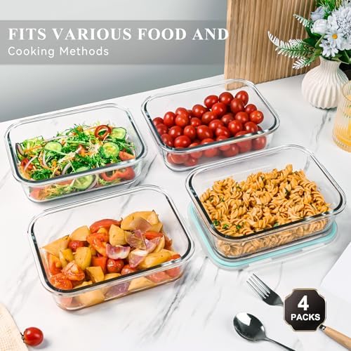 4 Pack 52 oz Large Glass Food Storage Containers with Lids - Glass Meal Prep Containers For Baking, Storing, Airtight Lunch Container, Freezer, Dishwasher, Microwave and Oven Safe, BPA Free