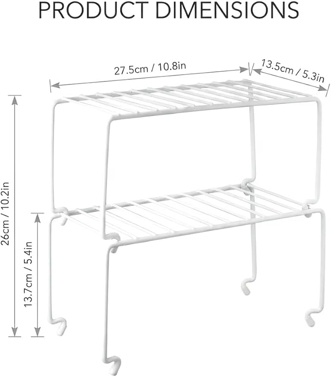 2-Pack Small (10.8x5.3inch) White Stackable Shelf Organizer Rack, Kitchen Shelves Organization for Cabinet, Pantry Organizers and Storage, Wire Shelf Rack, Desk Organizer, Rustproof