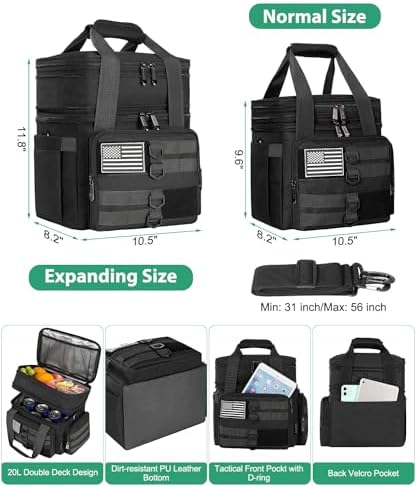 Tactical Lunch Box for Men, Large Insulated Lunch Bag for Adult, Heavy Duty Double Deck Expandable Lunch Cooler Bag with American Flag, Leakproof Soft Lunch Pail for Work Office Camping - Black