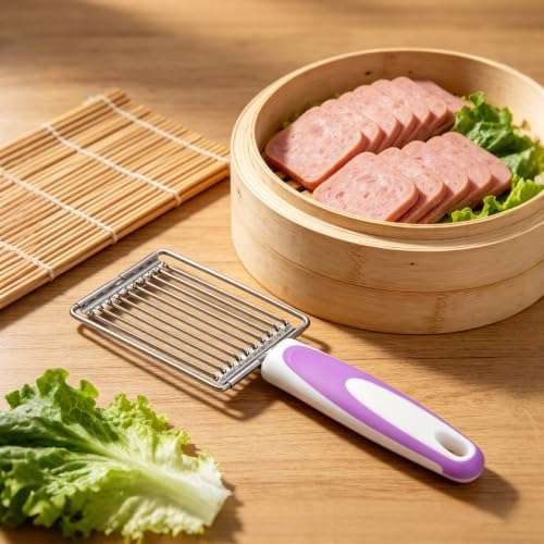 Luncheon Meat Slicer with 10Pcs Blades, Stainless Steel Luncheon Meat Cutter with Non Slip Handle, Purple Luncheon Meat Slicing Tool for Tomatoes, Fruits, Cheese, Boiled Egg - Image 6