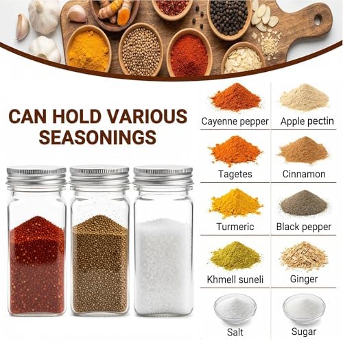 24 Pack Plastic Spice Jars, 4 oz Spice Bottle Square Seasoning Containers, Reusable Salt Pepper Shaker with Airtight Lid Labels and Funnel for Spice, Herbs, Powder and Glitters