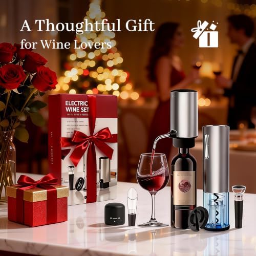 7-in-1 Electric Wine Opener & Aerator Set, Rechargeable Automatic Corkscrew, Wine Aerator, Vacuum Stoppers, Dispenser, Foil Cutter, Gift for Wine Lovers, Housewarming, Birthday, Wedding or Anniversary