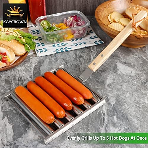 KAYCROWN Hot Dog Roller Sausage Rack with Extra Long Wood Handle, BBQ Griller For Evenly Cooked Dogs, 5 Capacity, Silver - Image 6