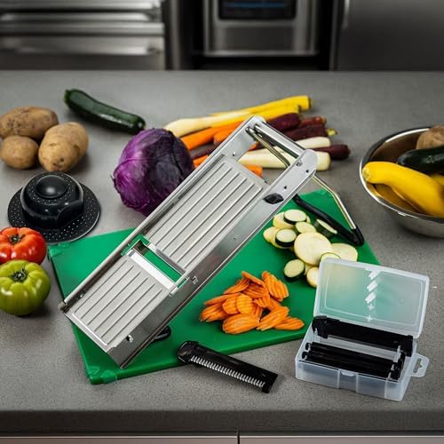 TableCraft 12629 Mandoline Slicer Set, Stainless Steel Adjustable Vegetable Slicer with 5 Interchangeable Blades, Non-Skid Folding Stand, Dishwasher Safe, Commercial Prep Tool - Image 7