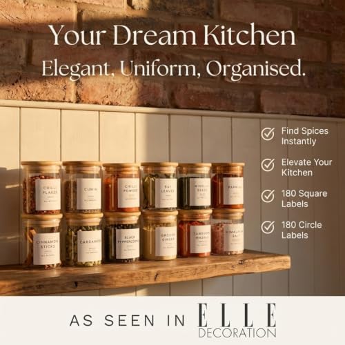 Glass Spice Jars with Labels-12 Pack- 6.8oz- 360 Labels- Spice Containers with Bamboo Lids -Spices Organization for Cabinet-Drawer-Rack-Seasoning containers-herbs- Organizer-Spices Bottles