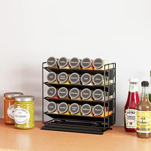 Pull Out Spice Rack Organizer with 20 Jars, Heavy Duty Slide Out Seasoning Organizer for Kitchen Cabinets, with 801 Labels and Chalk Marker, Left Facing