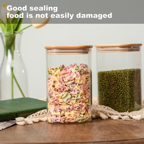 6 Pack Glass Food Storage Jars 37 oz,Glass Storage Containers Clear Glass Food Canister with Bamboo Lid Airtight For Serving Tea, Coffee, Flour, Sugar, Candy, Cookie, Spice and More (Square)