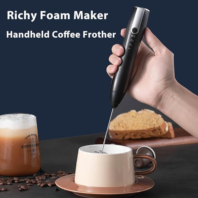 Rechargeable Handheld Milk Frother with Stand, Coffee Foam Frother Wand, Detachable Stainless Steel Whisk Drink Mixer for Coffee, Cappuccino, Lattes, Frappe, Matcha,Egg and Hot Chocolate (Black)