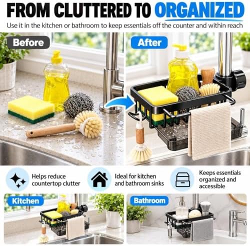 Faucet Drainer Basket, Kitchen Sink Faucet Organizer with Drip Tray, Sponge Holder and Dish Brush Holder, Quick Drying Hanging Caddy with Hook for Soap, Scrubbers, Kitchen & Bathroom(Black-B)