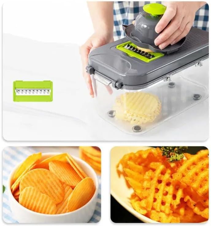 22-in-1 Multifunctional Vegetable Slicer Chopper with Container, Manual Food Dicer Set, Green and Gray, Includes Peeler and Grater Blades - Image 7