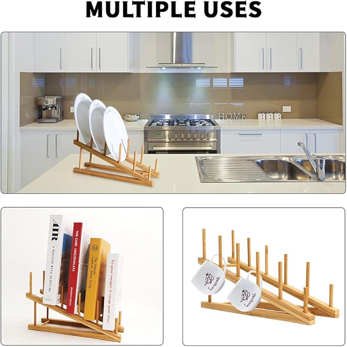 8 Pack Dish Rack Bamboo Drying Rack Wooden Plate Dish Rack Cabinet Organizer Kitchen Pot Lid Stand for Dish, Plate, Cup, Bowl, Cutting Board