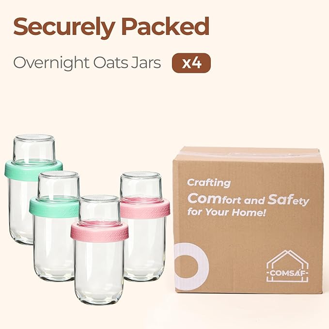 ComSaf Overnight Oats Containers with Lids (16oz+4oz, 4Pcs), Dual-Laryer Chia Pudding Jars with Dry and Wet Separation, Yogurt Parfait Cups for Oatmeal Cereal Nut Fruit, Meal Prep Glass Jars for Salad