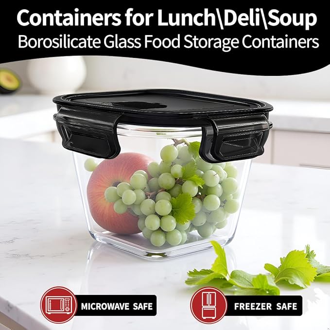 H.JSS WDJS 32oz Square Glass Food Storage Containers with Lids, 4 Cup Glass Soup Containers, Heat-Resistant BPA free Square Meal Prep Bowls for Microwave, Freezer, Dishwasher safe (4Packs)