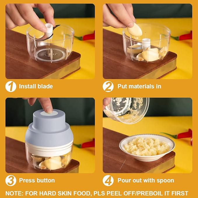 Electric Garlic Chopper Mini, Electric Garlic Masher Crusher, Food Processor Small with Garlic Peeler And Spoon, 100ML, Gray