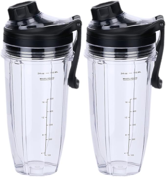 Replacement 24oz Blender Cup and New Lid with Handle for Nutri Ninja BN401 BN751 BN801 Foodi SS101 SS151 SS351 SS401 BL450 BL456 BL480 BL482 BL640 BL642 BL682 Ninja Blender Auto IQ Blade, 2-Pack