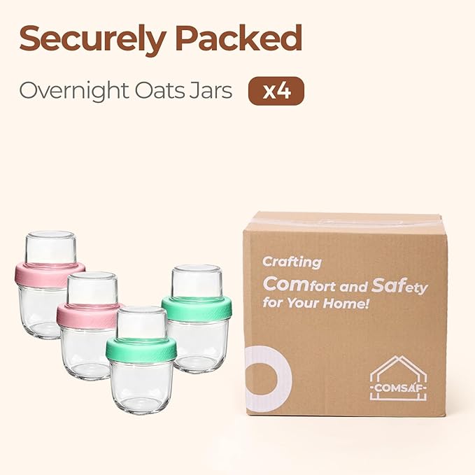ComSaf Overnight Oats Containers with Lids (8oz+4oz, 4Pcs), Glass Yogurt Parfait Cups for Cereal Nut Fruit, Dual-Layer Chia Pudding Jars Reusable, Small Mason Jars for Salad, Meal Prep, Snack, Oatmeal