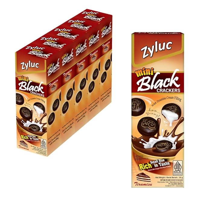 Zyluc Mini Black Crackers – Tiramisu Flavored Snack with Coffee Cocoa Blend – 35g Portable Pack – Light Crunch, Halal Certified, Made with Non-GMO Ingredients – Product of Indonesia – Pack of 5