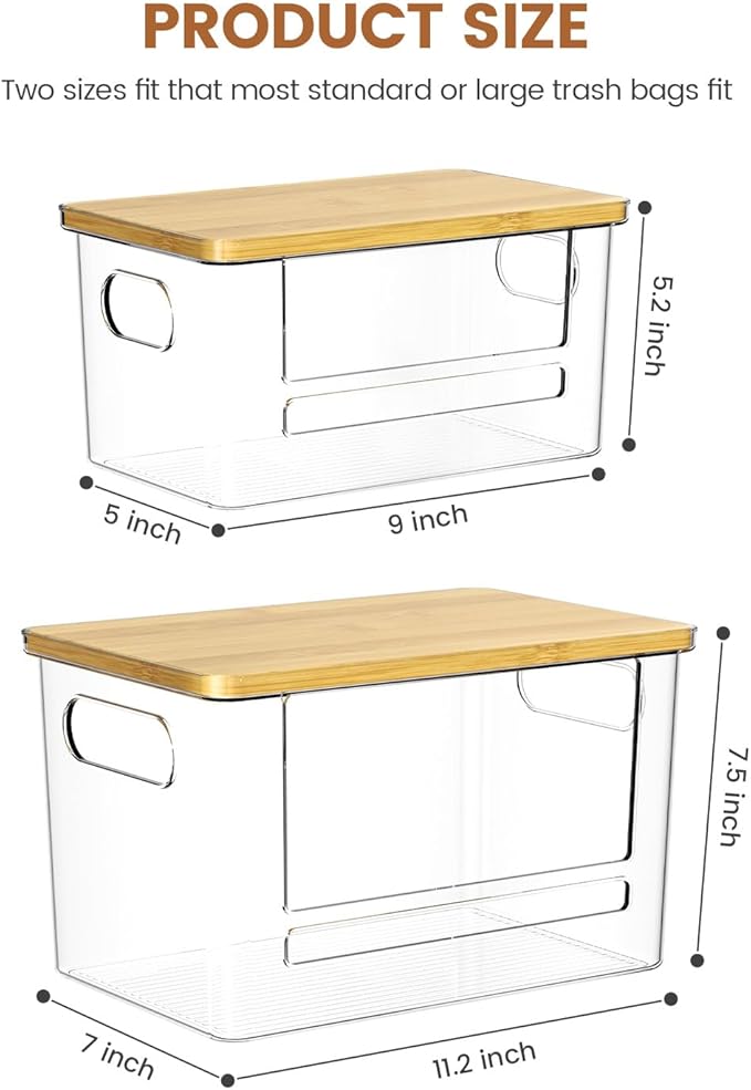 Trash Bag Dispenser 2 Pack, Stackable Trash Bag Holder with Bamboo Lid – Clear Plastic Garbage Bag Organizer for 4-33 Gal Bags, Space-Saving Under Sink Organizer for Kitchen, Laundry, Pantry