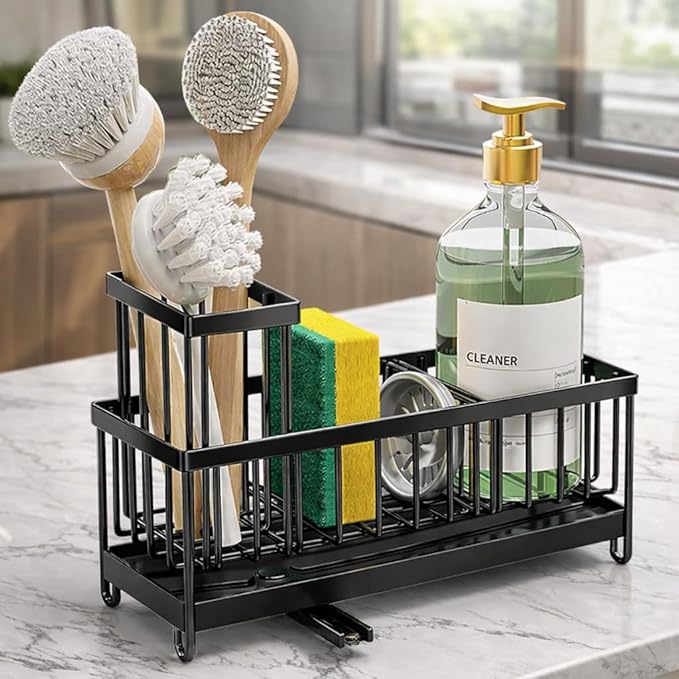 Success Goods Kitchen Sink Caddy Organizer – Stainless Steel Sponge Holder with Brush Holder, Countertop Dish Soap Rack, Black