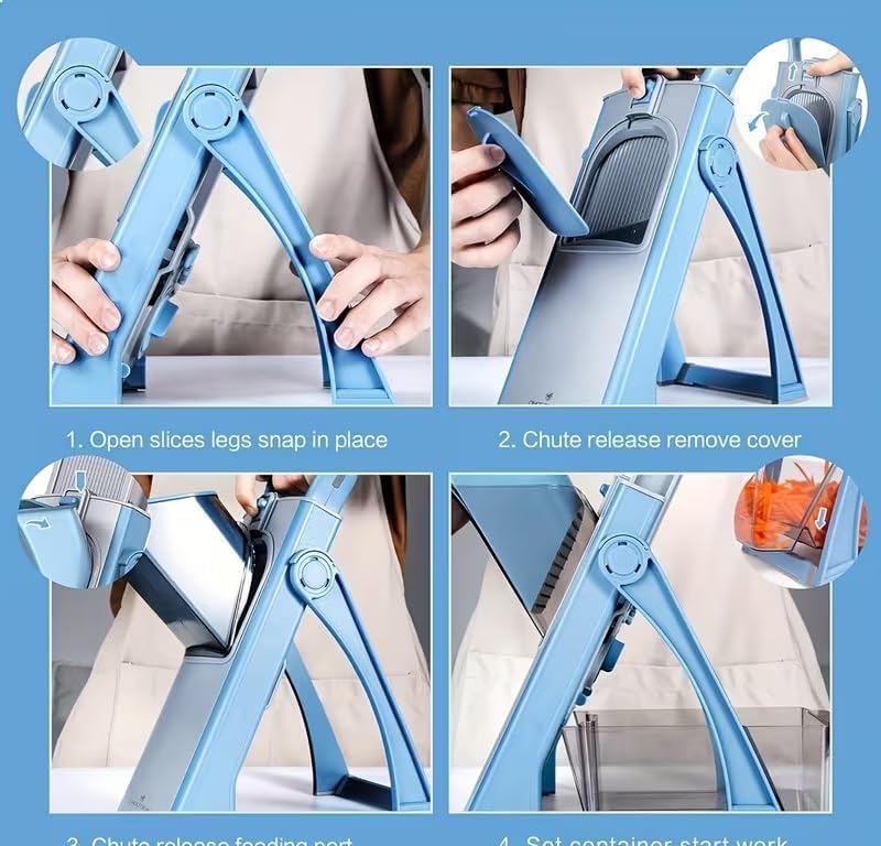 Mandoline Slicer Vegetable Cutter with Container - No Blade Change Needed, Adjustable 0.1-8mm Thickness, Stainless Steel, Hand Guard, Julienne Waffle Cuts for Meal Prep (Blue)