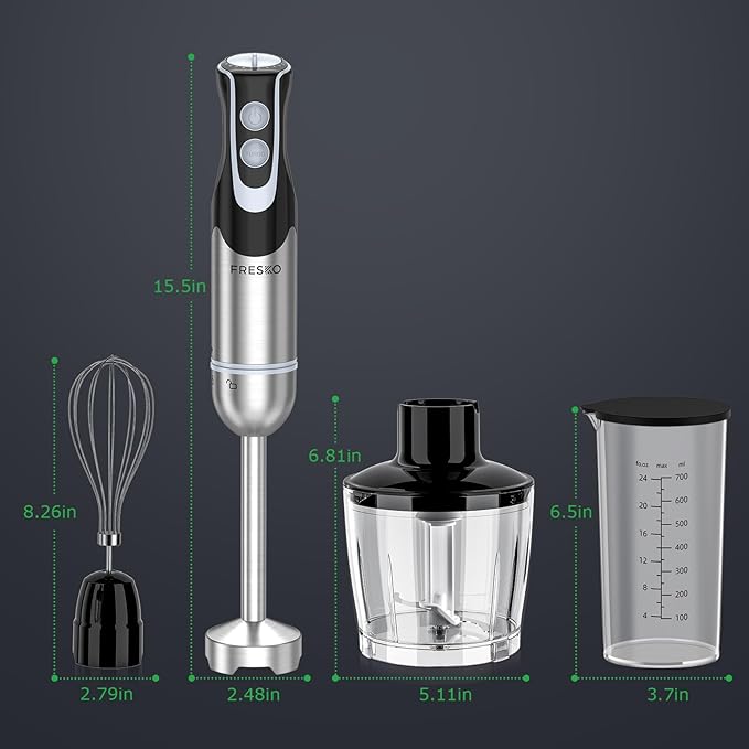 FRESKO Immersion Blender Handheld, Stainless Steel Hand Electric Stick Mixer with 12-Speeds & Turbo Mode, Powerful 500W Emulsion Blender with Beaker, Chopper & Whisk for Smoothie, Puree, Baby Food