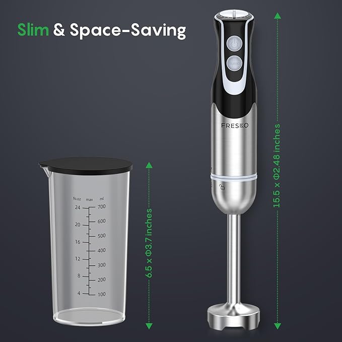 FRESKO Immersion Handheld Blender 500W with 700ml Beaker, 12-Speed & Turbo Mode Hand Blender Stick, 304 Stainless Steel Blades for Soup, Smoothie, Puree, Baby Food
