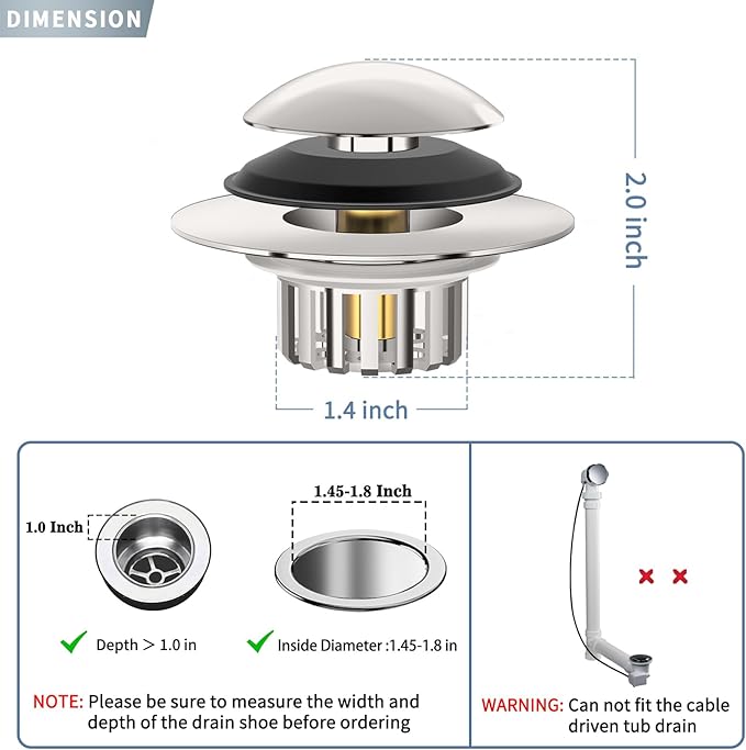 Universal 3 in 1 Bathtub Drain Stopper Bathtub, Pop-up Tub Stopper with Effective Filter Basket, Anti-Clogging Bathtub Drain Plug Bath Tub Stoppers for 1.45-1.8" Drain Shoe, Brushed Nickel