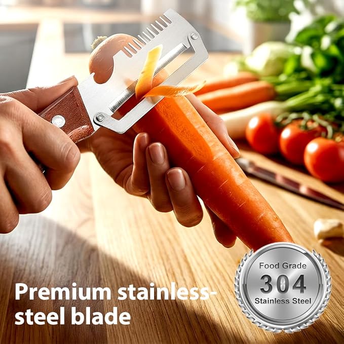 2026 New Multi-functional Vegetable Peeler, 3 in 1 Ktchen Multi-function Stainless Steel Thickened Fruit Peeler Knife with Wooden Handle, Suitable for Peeling Fruits and Shredding Scallions (1)