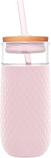 Devon 18oz Glass Tumbler with Straw & Bamboo Lid for Iced Coffee, Pink