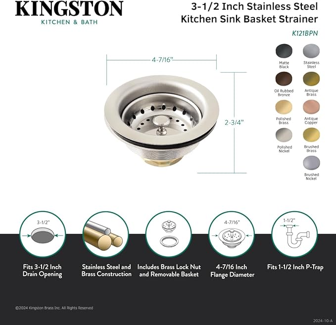 Kingston Brass K121BBB Fresno 3-1/2" Stainless Steel Kitchen Sink Basket Strainer, Brushed Brass