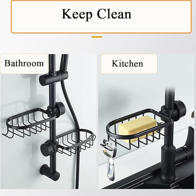 Kitchen Faucet Sponge Holder Sink Caddy Organizer Over Faucet Hanging Faucet Drain Rack for Sink Organizer (Black-Double)