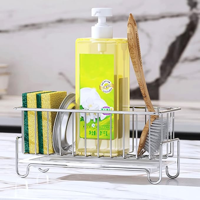 Kitchen Sink Caddy Organizer, Sponge Holder with Drain Pan, 304 Stainless Steel, for Sponges, Soap, Kitchen, Bathroom, Silver