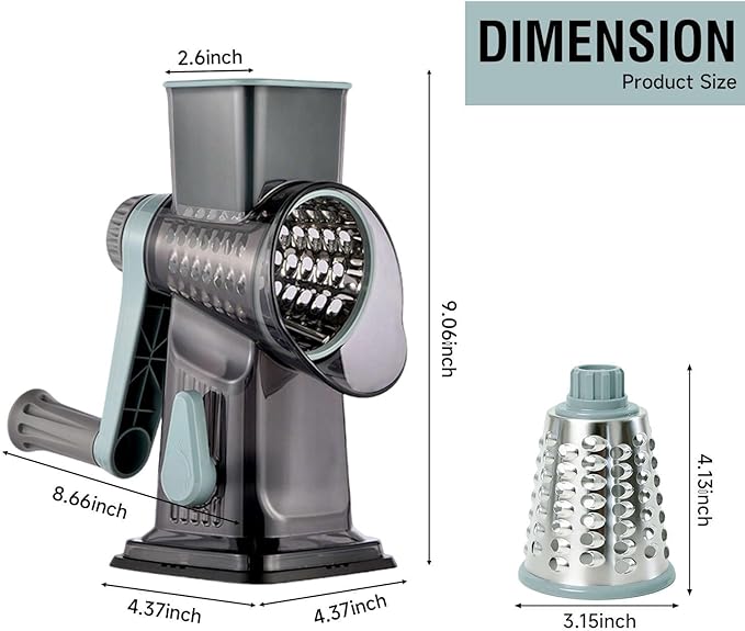3-in-1 Manual Rotary Cheese Grater & Vegetable Slicer, Round Mandoline Food Chopper with 3 Interchangeable Blades, Strong Suction Base Hand Crank Grater for Cheese, Potato, Nuts & Veggies