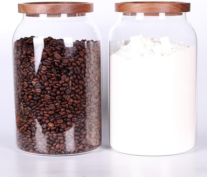 SAIOOL 1 Gallon Glass Jar with Wooden Acacia Airtight Lid,Large Glass Storage Jar set of 2, BPA-Free Cereal Dispenser Jars for flour,Spaghetti Pasta, Powder, Tea, Coffee