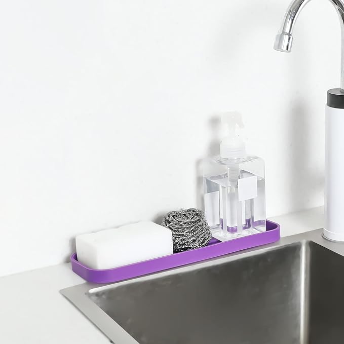 MicoYang Silicone Kitchen Sink Organizer Tray for Multiple Usage,Eco-Friendly Sponges Holder for Kitchen Bathroom Counter or Sink,Dish Soap Dispenser,Scrubber,Bottle,Cup (Purple, 12"×4")