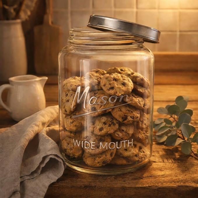 Kitchentoolz Extra Large Mason Jar - 1 Gallon Glass Wide Mouth Jar with Airtight Metal Screw on Lid, Food Storage Container with Measurement Marks For Kitchen Pantry, Pickling, Flour & Sugar Pack of 1