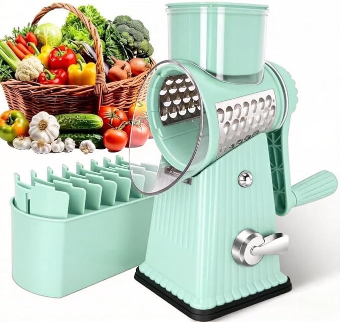 Rotary Cheese Grater with 5 Well-designed Blades & Strong Suction Base, Kitchen Mandoline Vegetable Slicer with Blade Storage Box (Aqua)