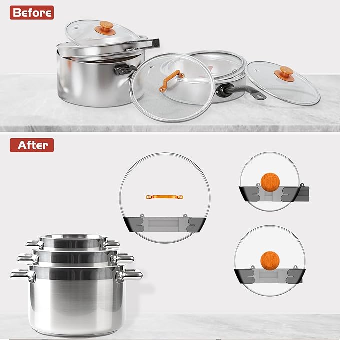 Adjustable Universal Pot Lid Holder Organizer for Cabinet - Upgraded Patented 6 Pack Pan Lids Organizers Inside Door Wall Mount Pots Top Rack for Kitchen Cupboard Fit 6" to 13" (Black)