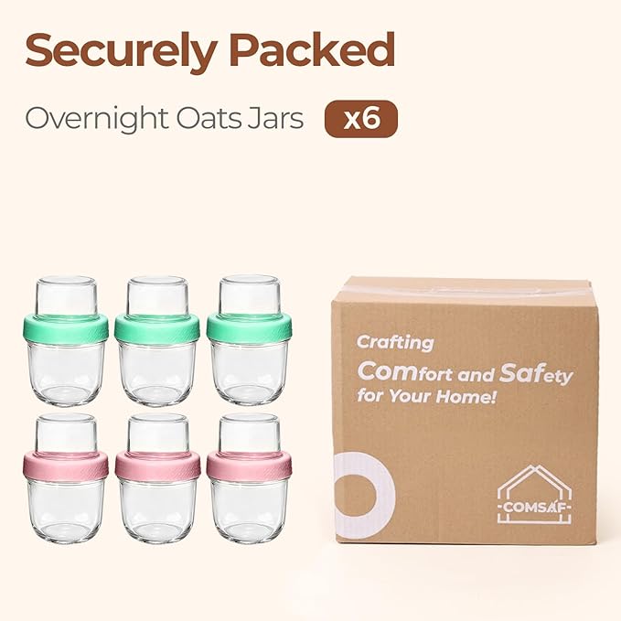 ComSaf Overnight Oats Containers with Lids (8oz+4oz, 6Pcs), Glass Yogurt Parfait Cups for Cereal Nut Fruit, Dual-Layer Chia Pudding Jars Reusable, Small Mason Jars for Salad, Meal Prep, Snack, Oatmeal