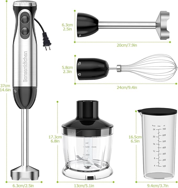 Bonsenkitchen Immersion Blender Handheld with Food Processor, 20 Speeds Hand Blender with Turbo Mode, Stainless Steel Blade, Egg Whisk, Beaker & Chopper Bowl, Hand Mixer for Smoothie, Soup, Baby Food