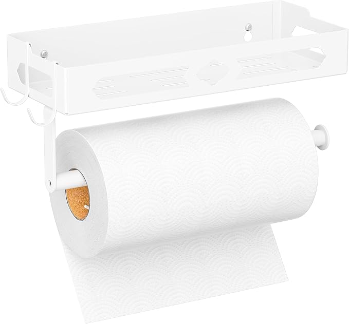 Paper Towel Holder with Shelf, One Hand Tear, Paper Towel Holder Wall Mount with 2 Detachable Hooks for Kitchen, Bathroom, White