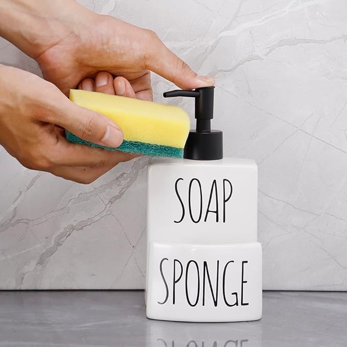 Ceramic Dish soap Dispenser with Sponge Holder Hand and Dish Soap Dispenser Set for Kitchen 2-in-1 Countertop Soap Pump Dispenser for Kitchen Sink, Useful Kitchen Gadgets - Modern Farmhouse White