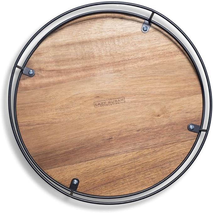 12" Acacia Wood Lazy Susan Revolution Turntable w/Black Wire – Rotating Kitchen Organizer for Table, Pantry, or Cabinet, Rustic Wood Finish, 360° Spin