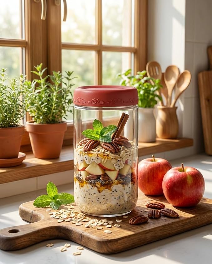 24oz 4Pack Glass Overnight Oats Jars Containers with Airtight Leakproof Lids, Reusable Mason Jars for Meal Prep, Yogurt Parfaits, Smoothies, Salads & Healthy Breakfasts (24 OZ-4-1)