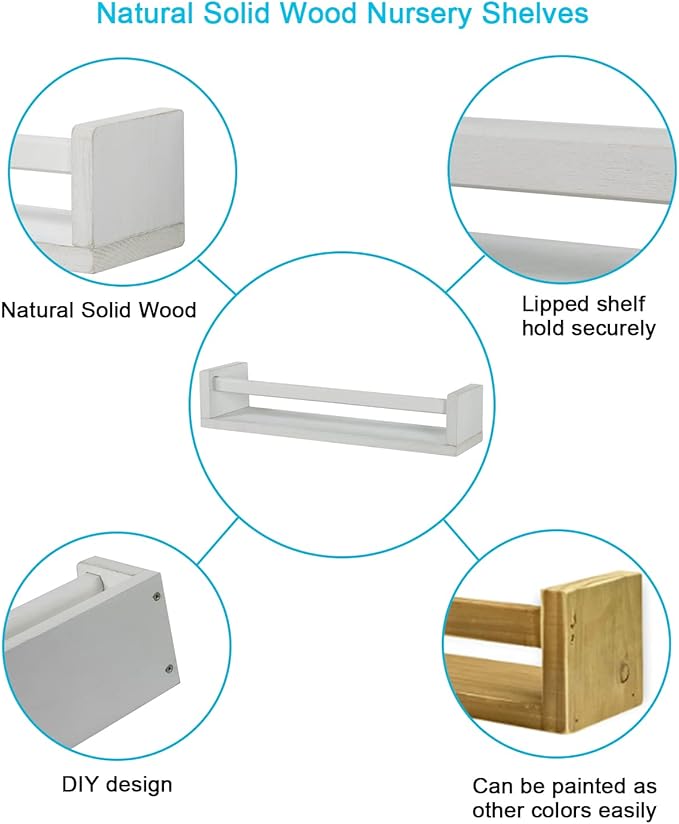 JORIKCHUO Nursery Book Shelves, Set of 2 Wood Floating Book Shelves for Kids Room, Kitchen Spice Rack, or Rustic Wall Mounted Shelves for Farmhouse Bathroom Décor (White)